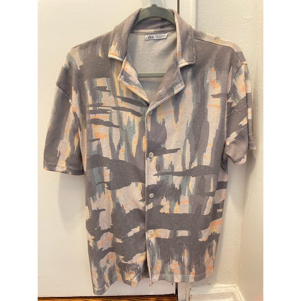 Zara Man linen Gray Geometric Print Button Shirt